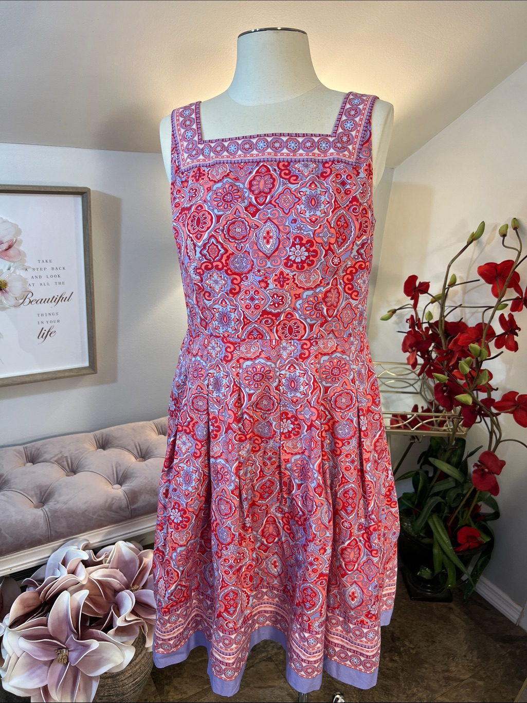 Talbots Fit & Flare Geometric Medallion Sun Dress Pink/Lavender Size 8p
